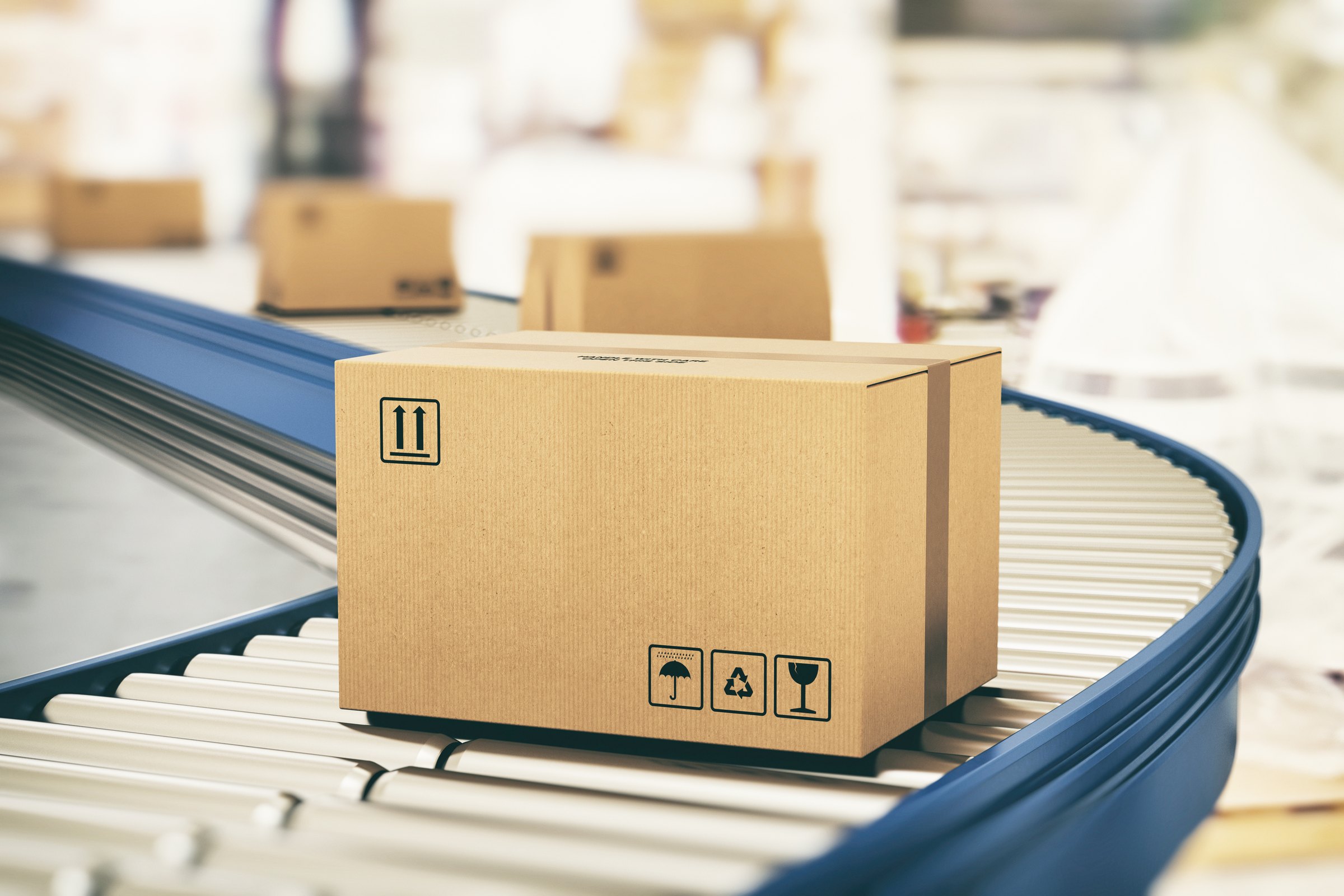 A packed parcel moving along a conveyor in the fulfilment operation
