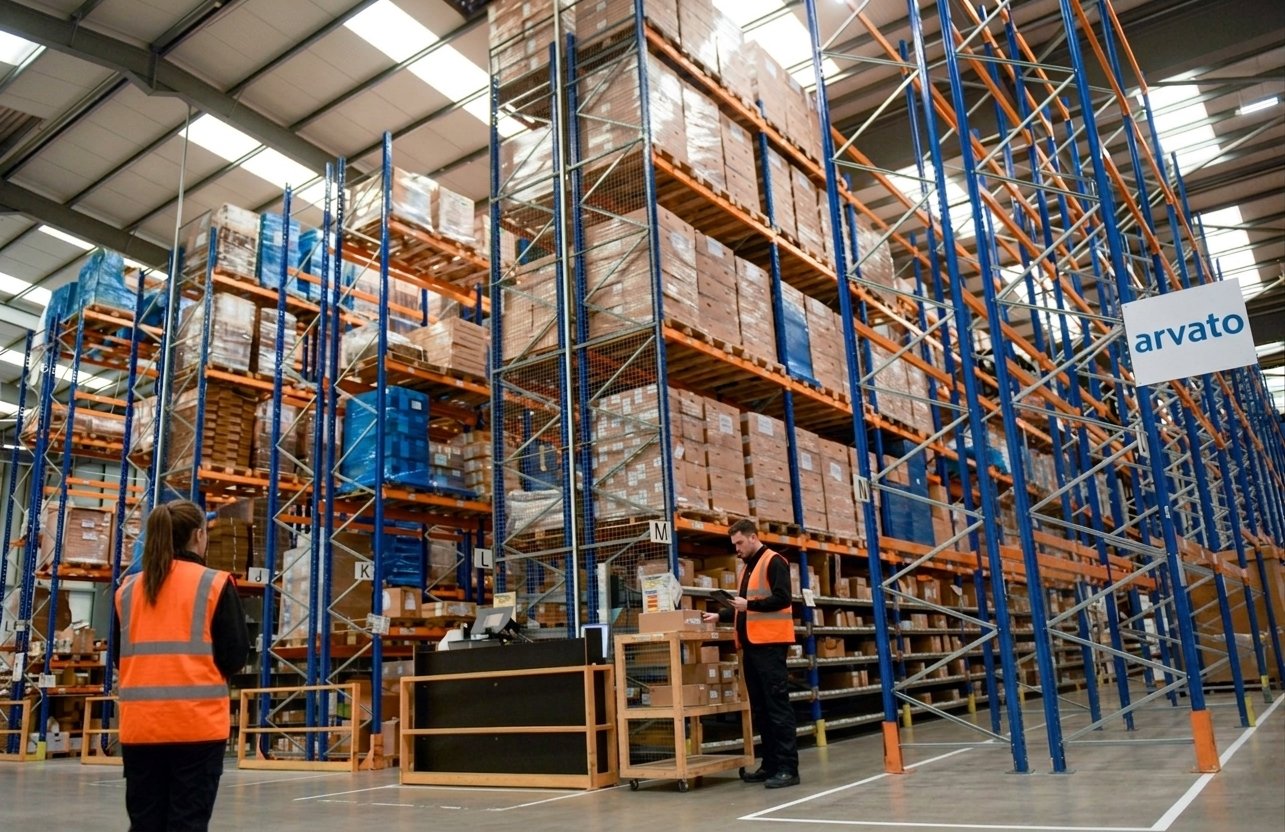 Warehouse team members among the high-bay racking inside the Arvato Ireland facility