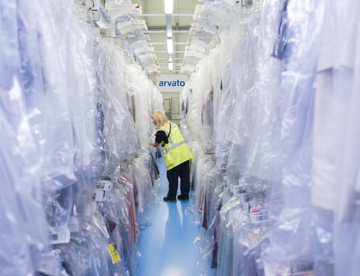 A team member working among hanging garment stock in the Swords retail operation