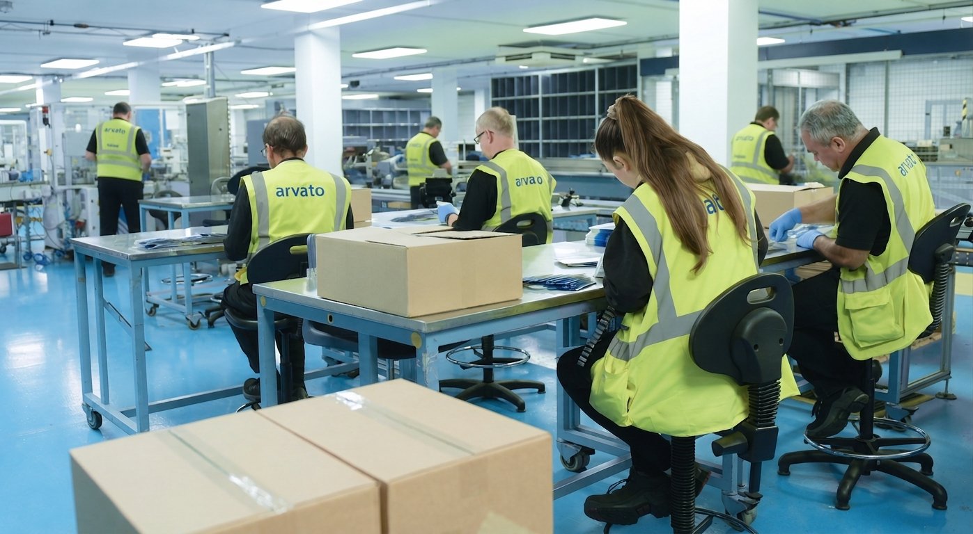 Arvato operators at assembly and packaging benches in Swords